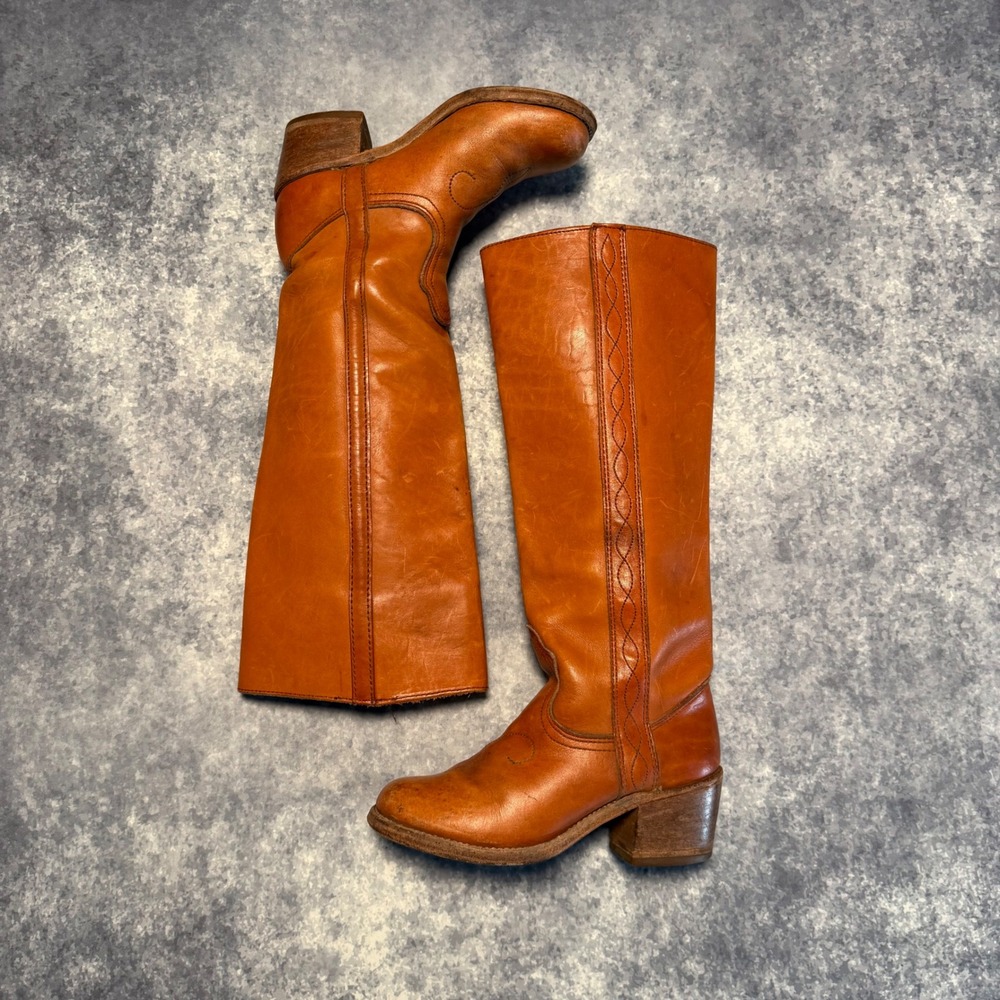 Vintage 70s Acme Leather Campus Boots Womens 6M Braided Tall Riding USA LW481